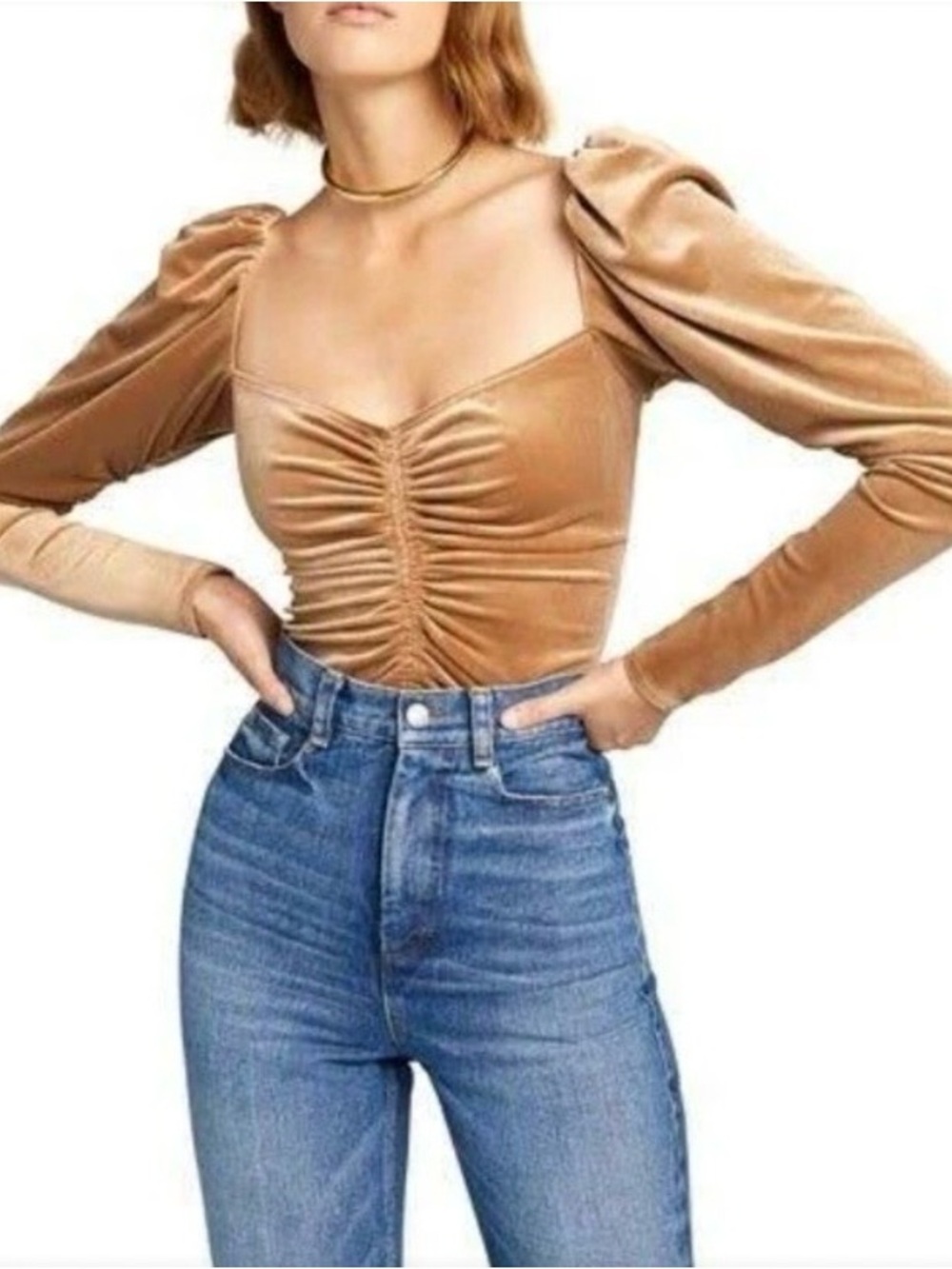 A.L.C. Chamberlain Velvet Ruched Puff Sleeve Top Champagne Size 6